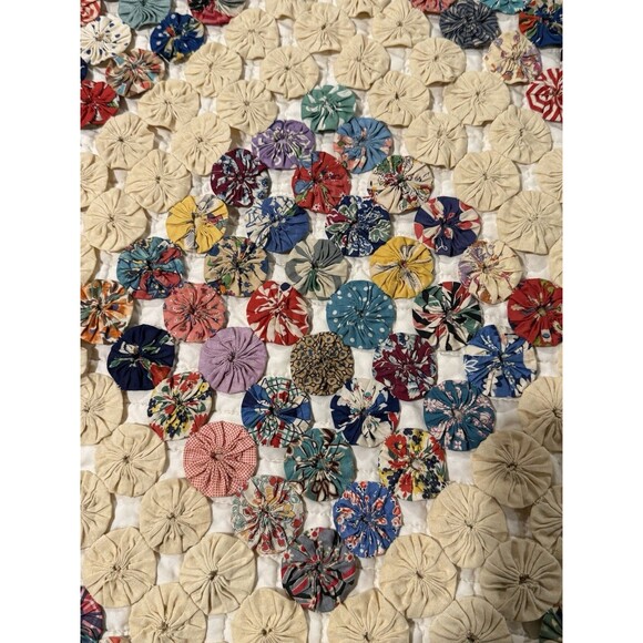 Antique Yo Yo Quilt Diamond Pattern Large Queen/small King 92” X 96” Scalloped - Picture 7 of 16